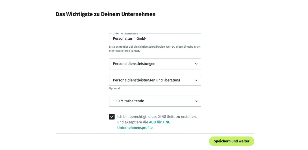 Eingabemaske Xing Unternehmensprofil