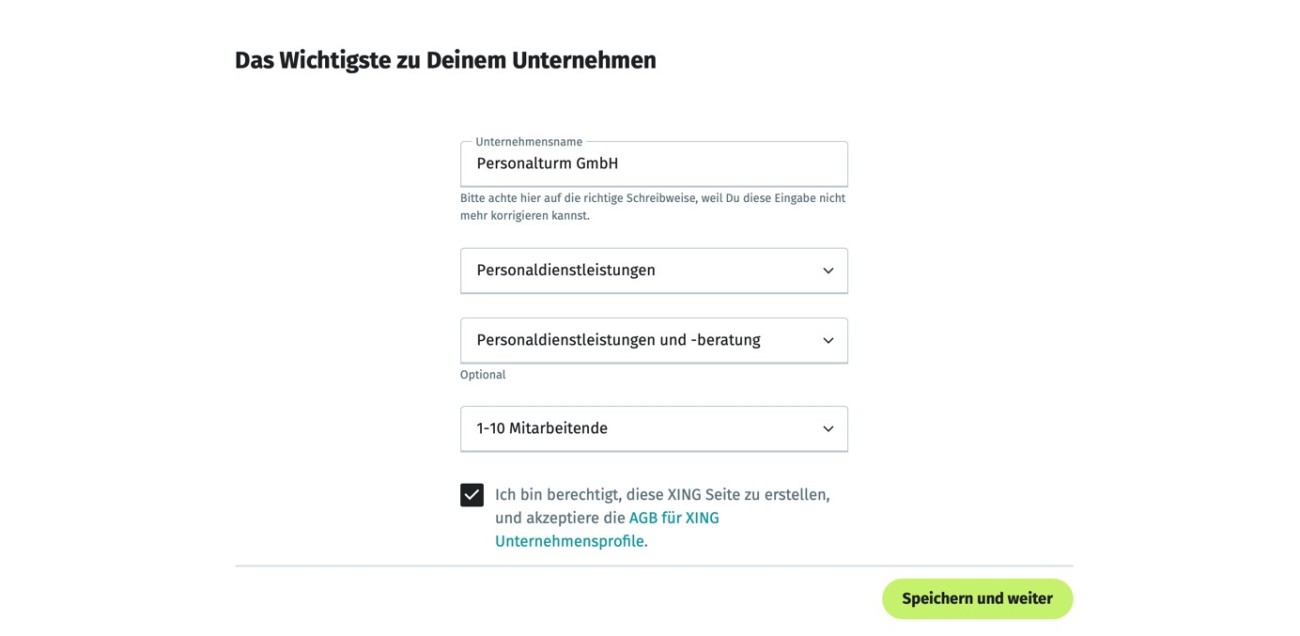 Eingabemaske Xing Unternehmensprofil