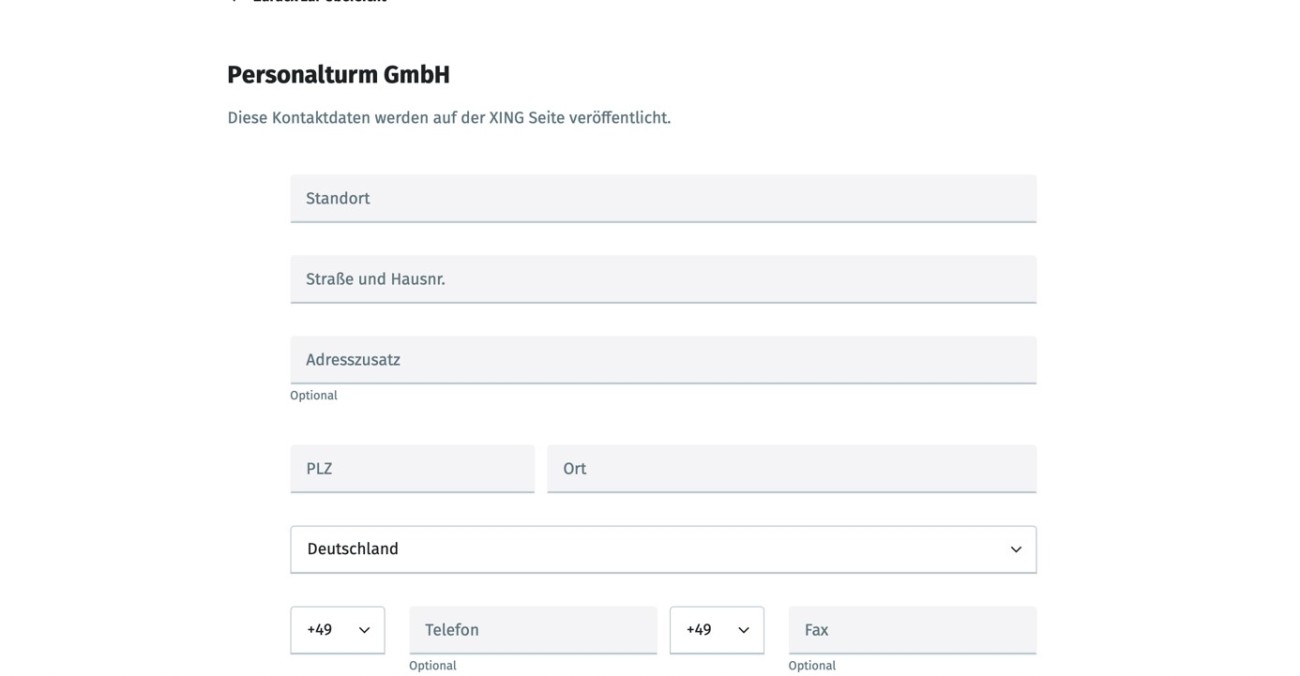 Eingabemaske Xing Unternehmensprofil