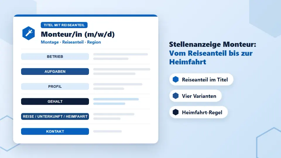 Stellenanzeige Monteur: Muster zum Kopieren – mit Reise-Baustein und 4 Varianten
