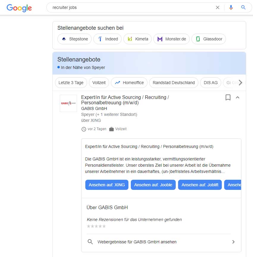 Google for Jobs Ansicht