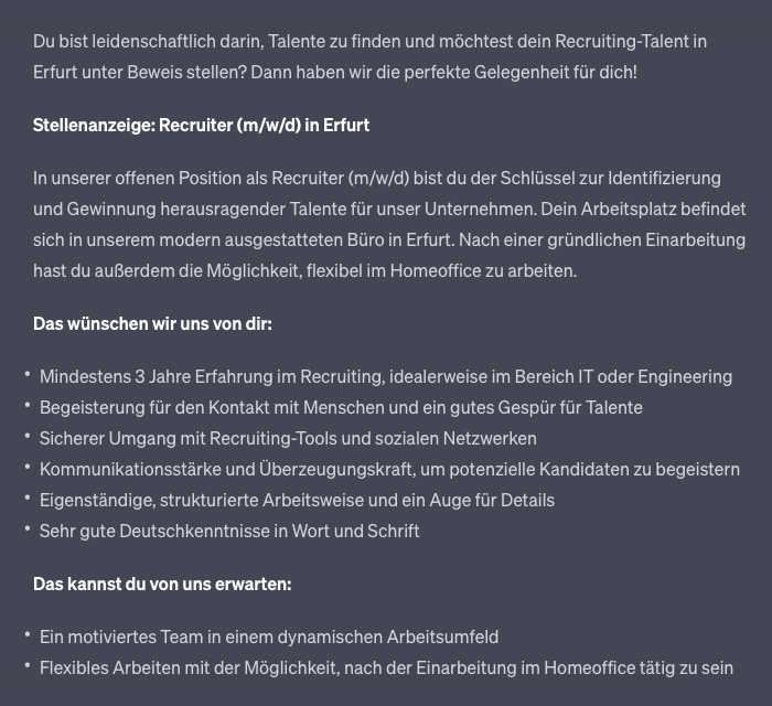 Stellenanzeige in gegenderter Sprache in Du-Form für einen offenen Job als Recruiter (m/w/d) mit Arbeitsort in Erfurt